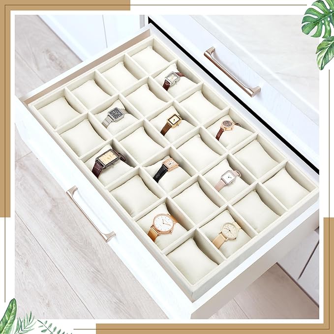 Henoyso 2 Pieces 24 Grid Velvet Watch Tray Jewelry Organizer Stackable Watch Bracelet Bangle Display Holder Adjustable Pillow(Beige)