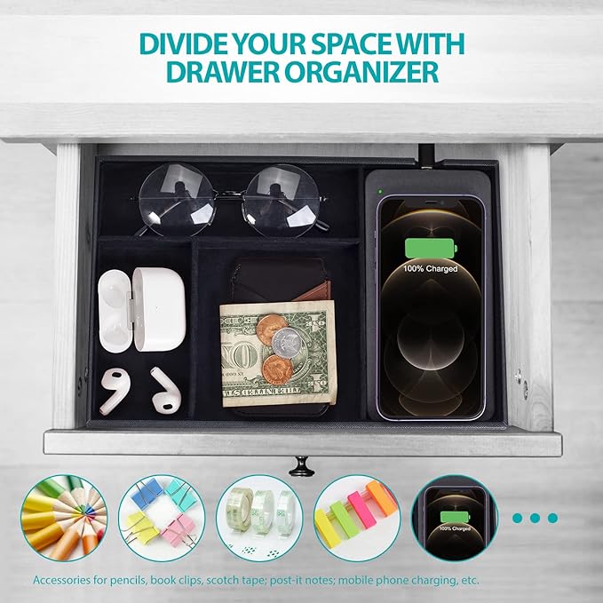 Valet Tray with Wireless Charger, Faux Leather Nightstand Organizer, Catch-All Tray for Entryway Table Key, Wallet, Watch, Coin Change, Phone (Black)
