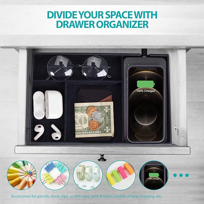 Valet Tray with Wireless Charger, Faux Leather Nightstand Organizer, Catch-All Tray for Entryway Table Key, Wallet, Watch, Coin Change, Phone (Black)