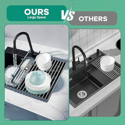 Hobychild Extra Large Expandable Roll Up Dish Drying Rack, 22.8 x 17.3 in with Expandable Storage Basket Over The Sink Rolling Dish Drainer, Foldable Sink Dish Drainer for Kitchen Counter