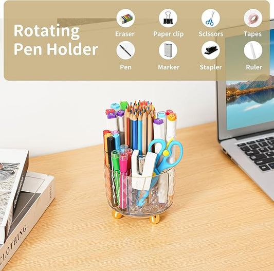Marbrasse Desk Organizer, 360-Degree Rotating Pen Pencil Holder for Desk, Desk Organizers and Accessories with 5 Compartments Pencil Organizer (Transparent gold edge)