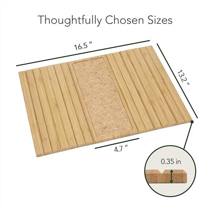 DETOR Sofa Arm Tray with Grained Cork Pad, Natural Bamboo Finish, Enhanced Non-Slip Bottom, Sturdy Bamboo Slats, Fits Armrests 4.6" and Wider
