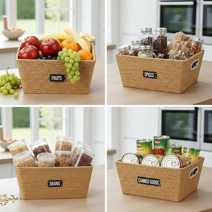 4 Pack 12 Inch Recycled Wicker Storage Basket with Labels and Handles Woven Storage Bins with Label Wicker Snack Basket Paper Rope Organizer Baskets Bins for Kitchen Office