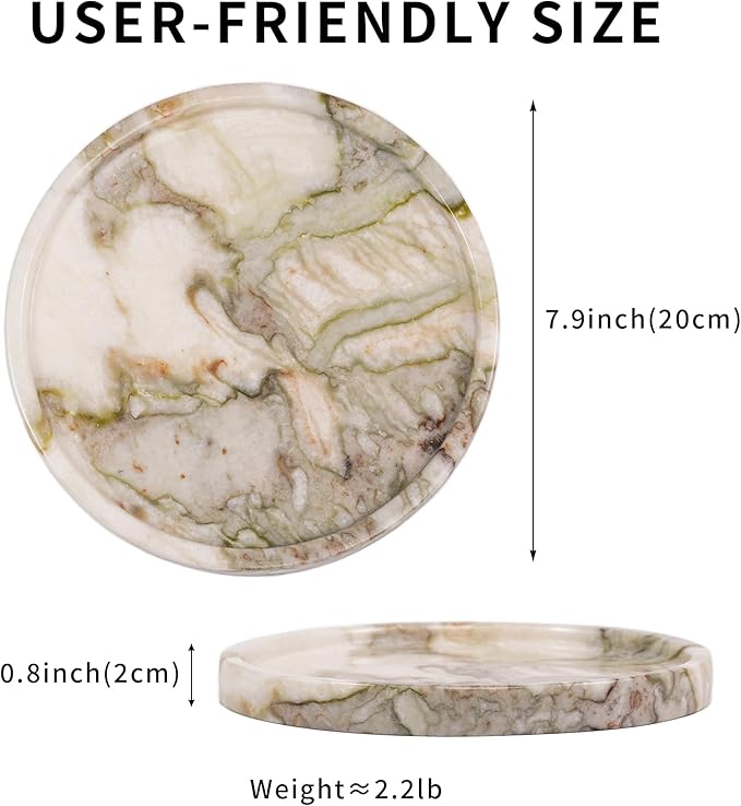 LWALMS Marble Perfume Jewelry Tray - Stone Trinket Ring Key Purse Holder Dish, Round Plate Decorative Bowl for Nightstand Entryway Coffee Table Decor (7.9 inch)