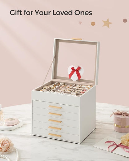 SONGMICS Jewelry Box Organizer with Glass Lid, 6-Layer Jewelry Storage, with 5 Drawers, Modern Style, 8 x 9.1 x 9 Inches, Cloud White and Gold Color UJBC176W01