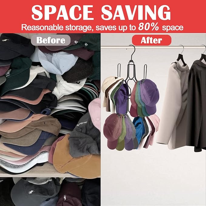 NAKBINX 2 Pack Hat Hanger for Closet, Collapsible Metal Hat Organizer for Baseball Caps, Racks with 4 Big Hooks, 360° Rotation Space Saving Hangers, Better Organizer&Display for Tie, Scarves, Black