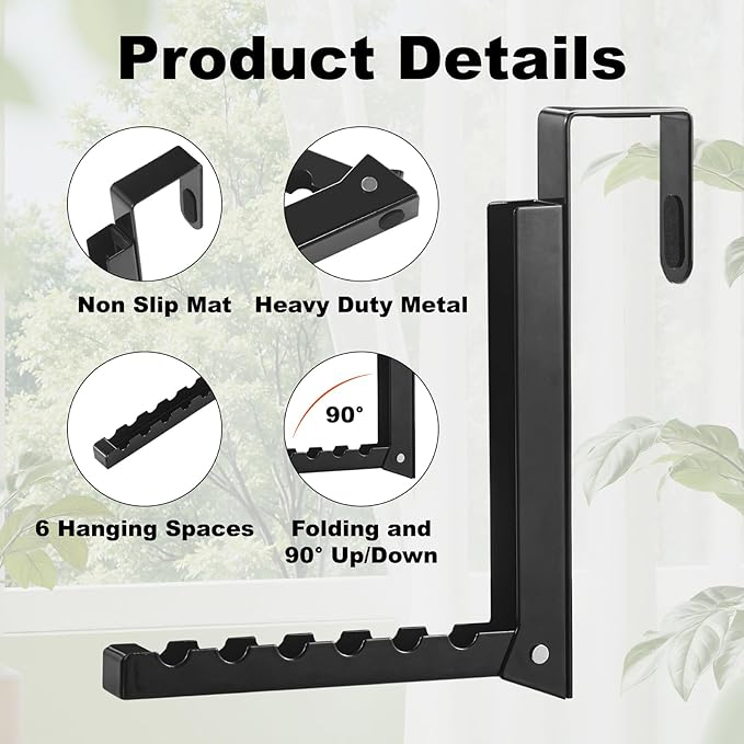 YAZYBHA Over The Door Hooks Hanger for Clothes, 1 Pack Foldable Over The Door Drying Rack for Laundry, Overdoor Hanger Hook with 6 Groves for Towel, Coat, Black