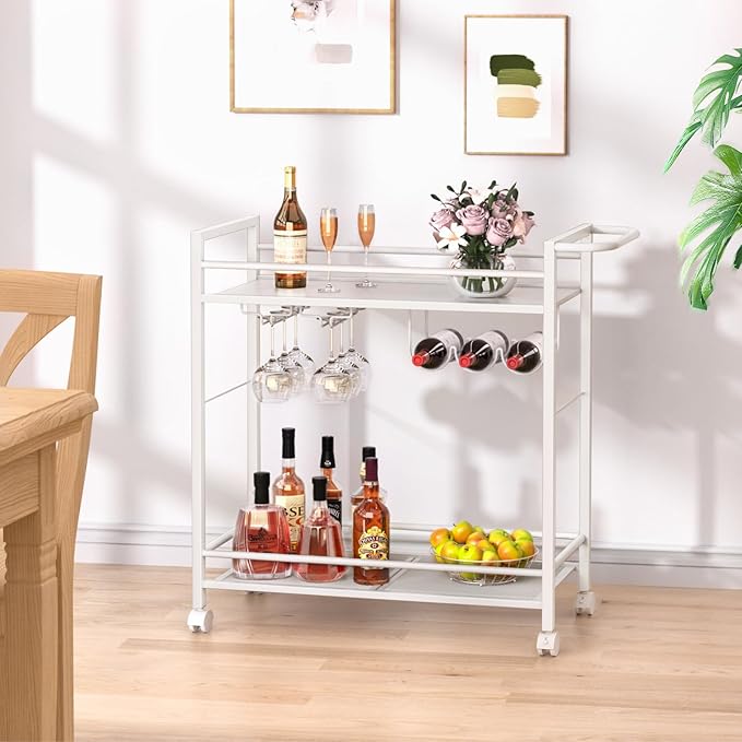 Bar Cart,Home Bar Serving Cart with Storage Shelves, 2 Tier Rolling Beverage Cart with Wheels, Modern Wine Cart with Wine Rack and Glass Holder for Kitchen, Living Room,Dinning Room,White