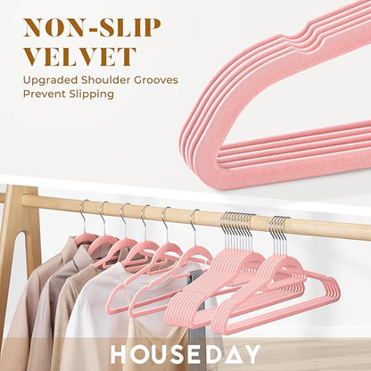 HOUSE DAY Velvet Hangers 60 Pack, Non-Slip Hangers with Tie Bar, Premium Standard Clothes Hanger Slim Felt Hanger 360° Swivel Hook for Closet Organized Storage Elegance Pink 72g/Pc