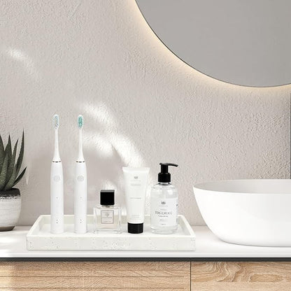 Artificial Travertine Tray, 12"x8" Perfume Tray for Bathroom Counter, Vanity, Home Organizer, Decorative Marble Trays for Perfume, Jewelry, Candles, Coffee, Rectangle, White