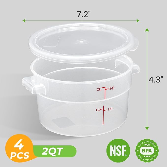 BIEAMA 4 Pack Round Food Storage Containers with Lids, 2Qt Translucent, Polypropylene, BPA Free, Includes Labels & Measuring Cups