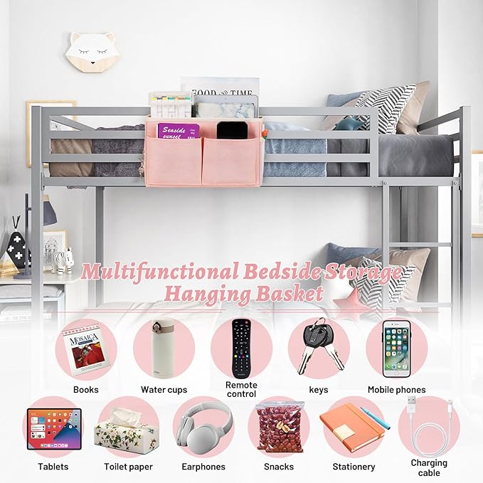 Frjjthchy Bedside Caddy Hanging Storage with Water Bottle Holder for Bunk Bed Hospital Bed Dorm Rooms (Pink)