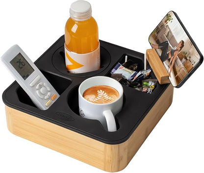 Couch Cup Holder Tray, Bamboo Couch Caddy with Rotatable Phone Holder for Bed Organizer, Waterproof Anti-spill Sofa Cup Holder for Snacks Beverage Remote Black