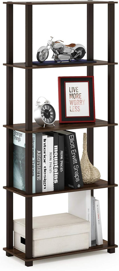 Furinno TURN-S-TUBE Book Shelf, 5-Tier Toolless Storage Shelves with Square Tubes, Shelving Unit for Organization and Storage for Living Room, Home Office, Walnut