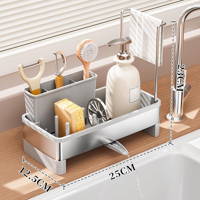 SOVGIZF Sponge Holder for Kitchen Sink,Sink Caddy Organizer with Removable Brush Holder,Kitchen Countertop Soap Dispenser Storage with Detachable Towel Rack, Grey
