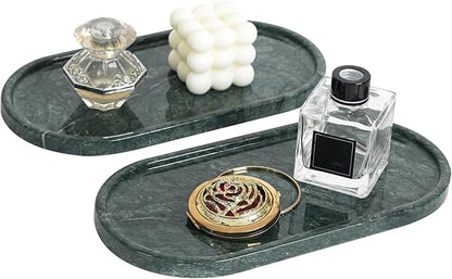 Faticdorr Green Marble Tray, 2 Pcs, Marble Vanity Tray, Bathroom, Decor for Trinket Perfume Jewelry Candle, 12 Inch Oval