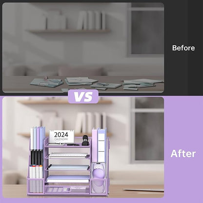 SUPEASY Mesh Desk Organizer with File Holder, 5-Tier Paper Letter Tray Organizer with Magazine Holder, Desktop Organizer and Storage with Drawer for Office Supplies Home or School (Purple)