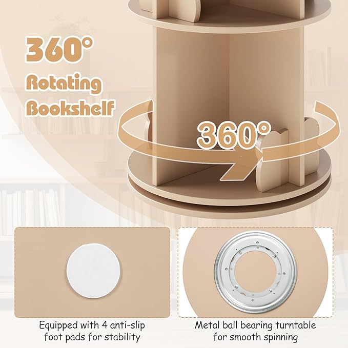 Costzon Kids Rotating Bookshelf, 2 Tier Small Book Shelf with Bookends, 360° Display Spinning Bookshelf Tower, Corner Bookshelf for Small Space, Kids Room, Bedroom, Nursery (Coffee)