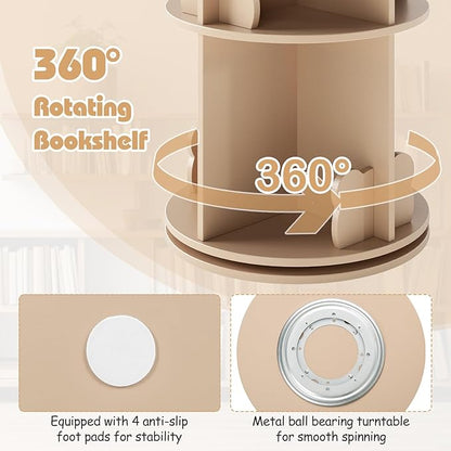 Costzon Kids Rotating Bookshelf, 2 Tier Small Book Shelf with Bookends, 360° Display Spinning Bookshelf Tower, Corner Bookshelf for Small Space, Kids Room, Bedroom, Nursery (Coffee)