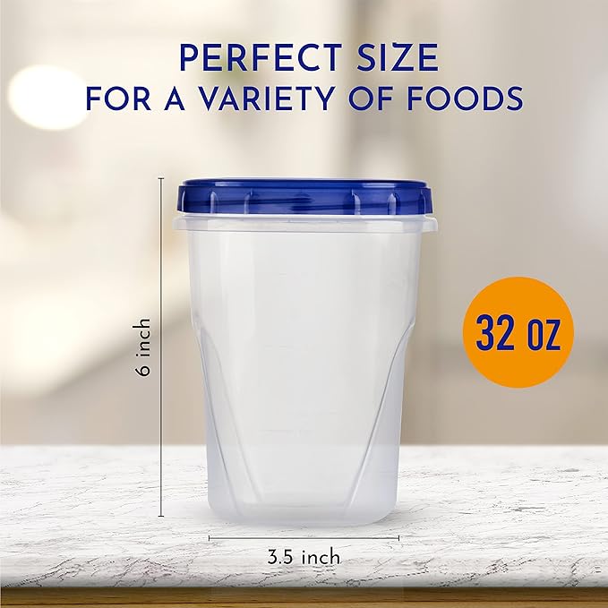 Freezer Soup Food Storage Containers With Screw On lids [32 Oz - 10 Pack] Reusable Plastic Food Freezer Safe Container, leak proof, Airtight, Stackable, Microwave, BPA Free