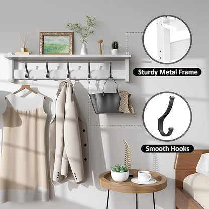 Coat Rack Wall Mount with Shelf, 29 Inch Coat Hanger Walls Mounted, Hat Rack for Walls, Shelf with 5 Coat Hooks, Wall Hanger for Entryway (White)