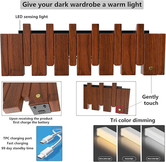 Wall Mounted Coat RackHooks Piano Key Hangers Natural Solid Wood Hanger Non-Woven Fabric Clothes Hangers for Closet, Kitchen, Bedroom, Bathroom, Entryway (Led Walnut, 4 Hooks)