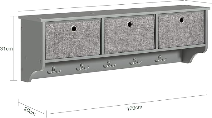 SoBuy Wall Shelf with Hooks, Coat Rack Wall Mount with Shelf Entrywall Storage Cabinet Unit with 3 Baskets 5 Hooks, Grey, FRG282-HG