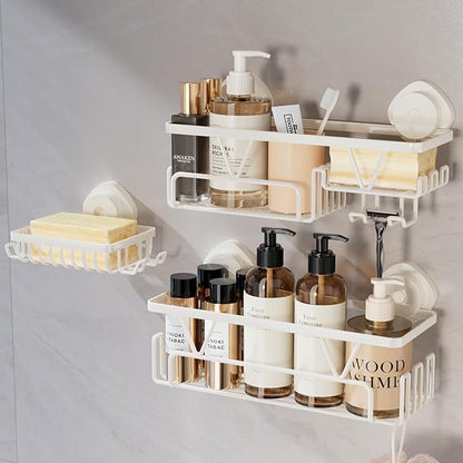 KEGII Shower Caddy Suction Cup – 3 Pack Suction Bathroom Organizer Shelf with Soap Holder & Hooks, Rustproof Removable Shower Organizer for Shampoo, Metal Bathroom Storage Rack, Cream White
