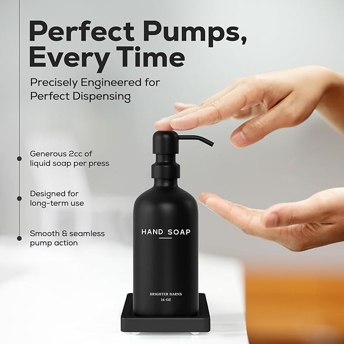 Black Glass Soap and Lotion Dispenser Set with Tray by Brighter Barns - Hand Soap Dispenser Bathroom Set & Stainless Steel Pump for Home - Modern Bathroom Accessories, Modern Decor (Black)