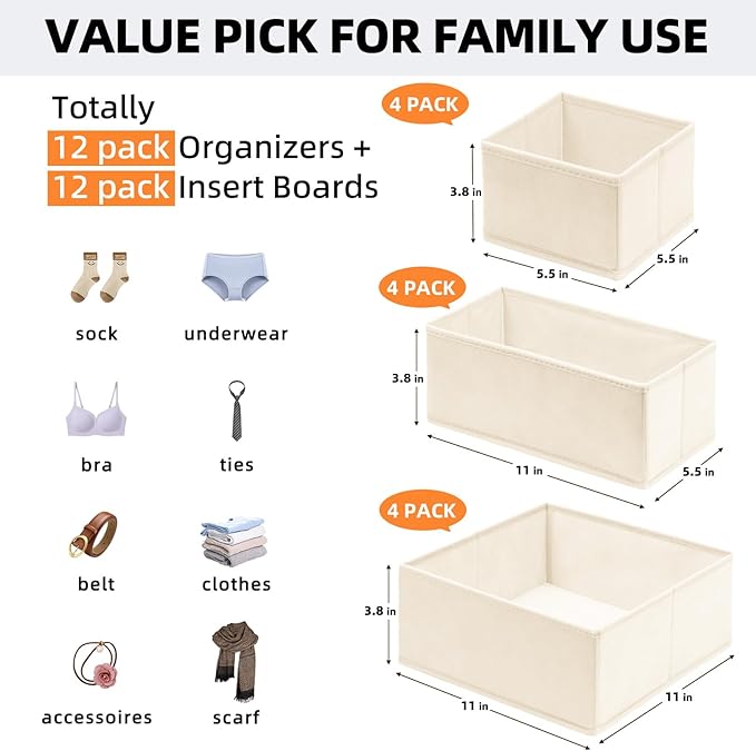 Criusia Drawer Organizer Clothes 12 Pack -Dresser Organizer Bins for Closet Bedroom -Baby Clothes Organizers and Storage for Nursery Organization -Drawer Organizer Divider for Sock Underwear Bra Shoes
