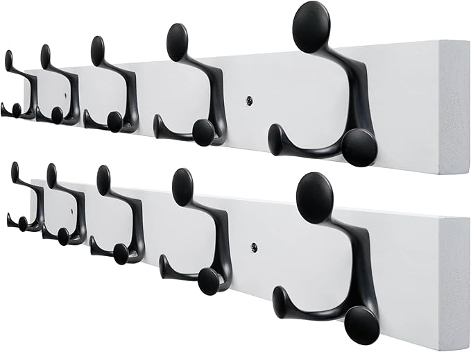 SKOLOO 30-Inch White Wood Coat Rack Wall Mount with 5 Triple Hooks - Ideal for Family Entrances, Classrooms, and Pet Supplies Storage - Perfect Coat Hooks for Wall, Pack of 2