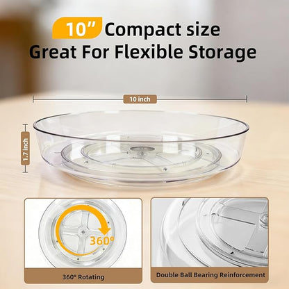 Lazy Susan Turntable for Spice Organization | Clear BPA-Free Plastic Rotating Organizer for Kitchen Cabinet, Pantry, Countertop, Fridge | 360-Degree Rotating Base (10 inch - 4 Pack)