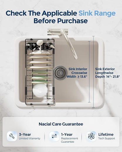 Nacial 2-in-1 Small Dish Drying Rack Fits 14''–21.8'' Sink, Dish Drainers for Kitchen Counter Extend Kitchen Sink Drain Basket with Utensil Holder & Auto-Drain Tray, Stainless Steel Plate Rack, Black
