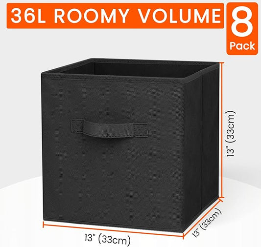 Criusia Large Storage Cubes - 13 Inch Heavy Duty Fabric Storage Bins for Shelves Closet, Cube Organizer - 8 Pack Collapsible Cube Storage Bins Baskets for Organizing Clothes Blankets Toys (Black)