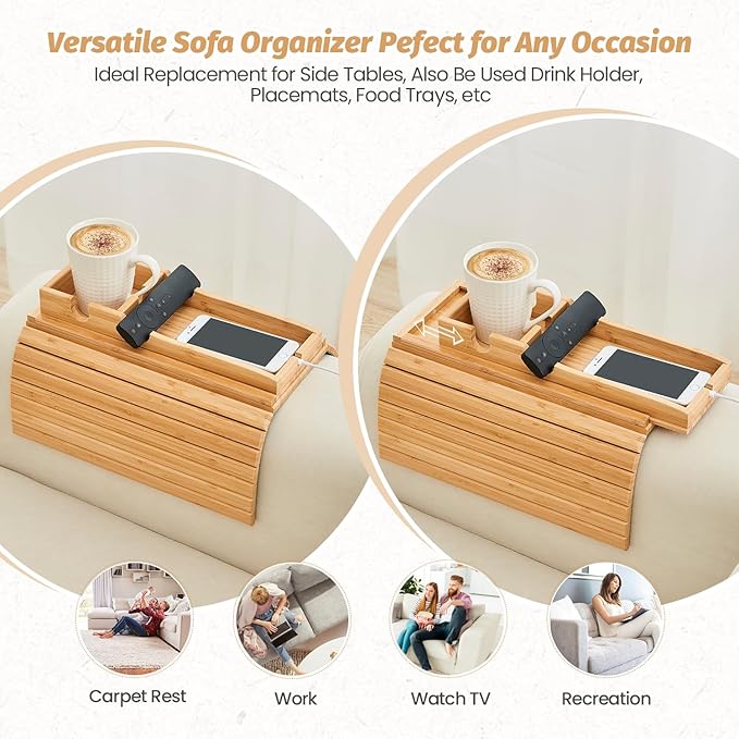 GEHE Detachable Couch Cup Holder, Anti Falling Sofa Arm Tray, Natural Bamboo Sofa Cup Holder More Safe for You Family, Portable Couch Arm Tray Armrest Table for Remote, Snacks, Phone, Drinks