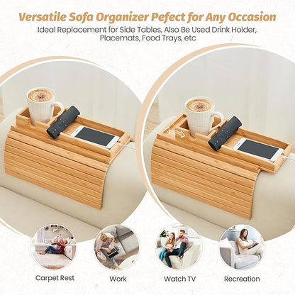 GEHE Detachable Couch Cup Holder, Anti Falling Sofa Arm Tray, Natural Bamboo Sofa Cup Holder More Safe for You Family, Portable Couch Arm Tray Armrest Table for Remote, Snacks, Phone, Drinks
