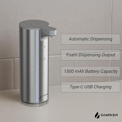 GentleJet EasyFoam Automatic Foaming Soap Dispenser - Touchless Motion Sensor, Rechargeable USB-C, 2 Foam Levels, Stainless Steel, IPX5, 9.5oz Hand Soap Dispenser for Bathroom & Kitchen (Silver)