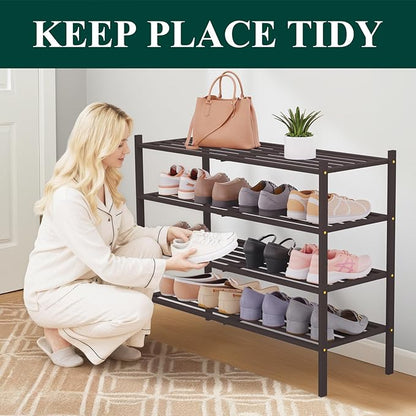 Smiry Long Bamboo Shoe Rack 4-Tier, Stackable Wooden Shoe Organizer for Entryway & Closet, Free Standing Wood Shoe Storage Shelf for Front Door & Small Spaces, Brown