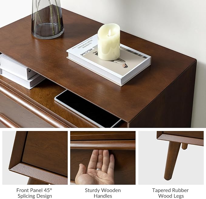 HULALA HOME End Table with Charging Station, Mid-Century Modern 2 Drawer and Open Shelf, Fluted End Table（Walnut, Set of 2）