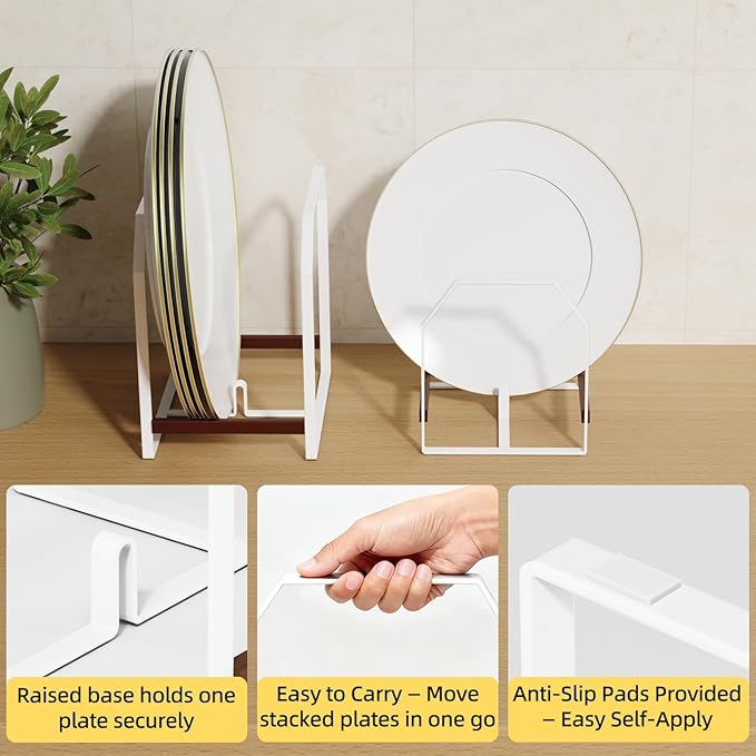 TIPSYTREE 4 Pack Plate Organizer for Cabinet, Arched Metal Dish Holder Rack, Plate Rack Organizer for Cupboard, Space Saver Dish Storage Rack, Holds 6–12 Inch Plates, 2 Large 2 Small, White