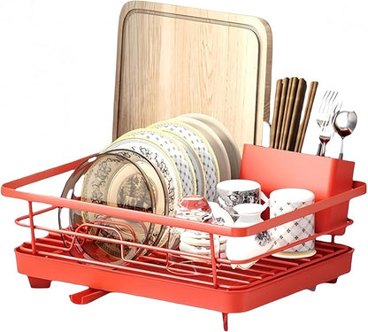 Kitchen Dish Drying Rack Self-Draining Adjustable 360° Rotating Drain Pipe Stainless Steel Large Capacity Tidy Countertop Easy Clean Home Kitchen Organization Family Use (Red Chopstick Holder)