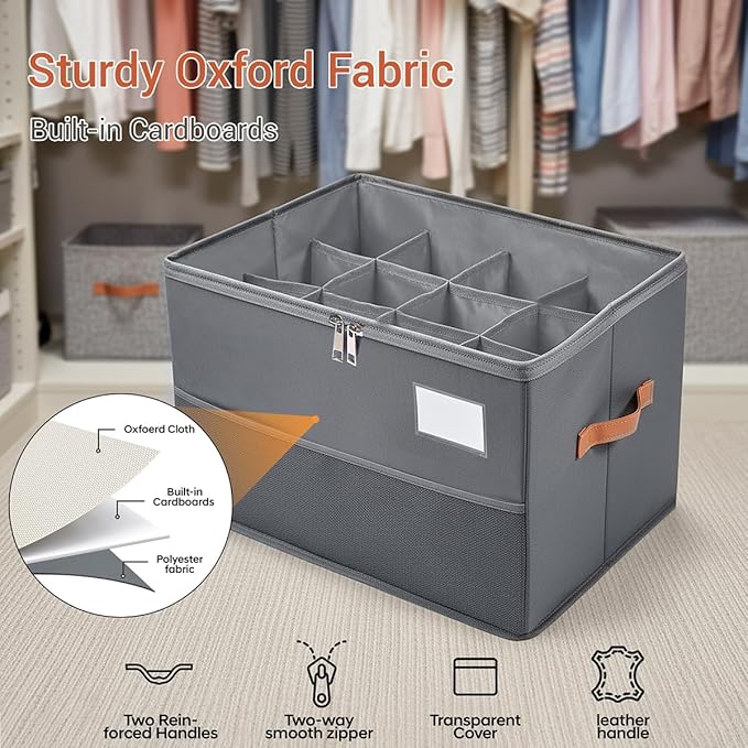 Chewlish Shoe Organizer for Closet, Foldable Shoe Box Storage Containers with Clear Cover, Smooth Zipper, Reinforced Handles and Bottom Support, Space Saving Shoes Holder, Gray (2, Small)