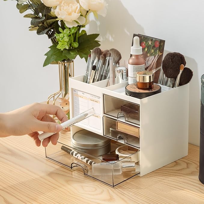 Desk Organizer with 3 Drawer, Multi-Functional Pencil Pen Holder for Desk, Desk Organizers and Storage with 8 Compartments, Desktop Organizer for Office Home Art Supplies (White)