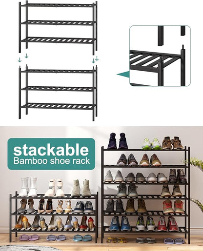 3-Tier Long Black Shoe Rack, Bamboo Wood Shoe Rack for Closet, Entryway & Hallway, Stackable | Functional | Sturdy