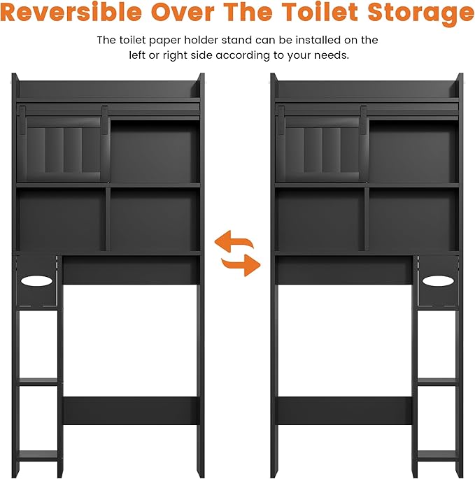 Semoic Over The Toilet Storage Cabinet, Over The Toilet Shelf with Sliding Door & Toilet Paper Holder Stand, Bathroom Above Toilet Storage, Home Space-Saving Toilet Rack for Bathroom, Restroom, Black