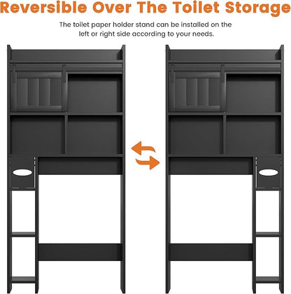 Semoic Over The Toilet Storage Cabinet, Over The Toilet Shelf with Sliding Door & Toilet Paper Holder Stand, Bathroom Above Toilet Storage, Home Space-Saving Toilet Rack for Bathroom, Restroom, Black