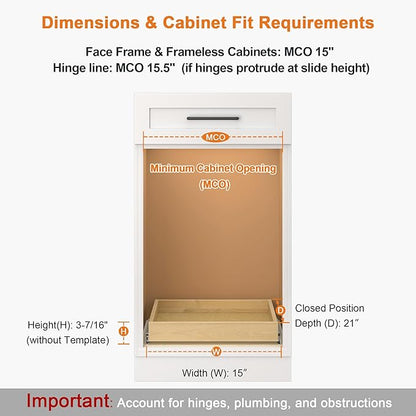 ALINE FURNITURE Pull Out Drawers for Cabinets Birch Wood, 15" W X 21" D Soft Close Slide Out Shelves for Kitchen Cabinets, Pullout Drawer for Pantry Cabinet Organizer