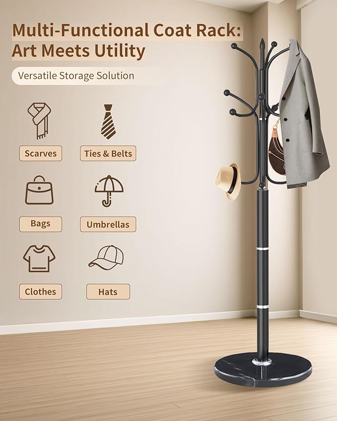 Modern Coat Rack Stand, Metal Freestanding Coat Rack with Natural Marble Base, Heavy-Duty Coat Racks with 12 Hooks,Black Coat Hanger Tree Stand for Office, Entryway, Hallway