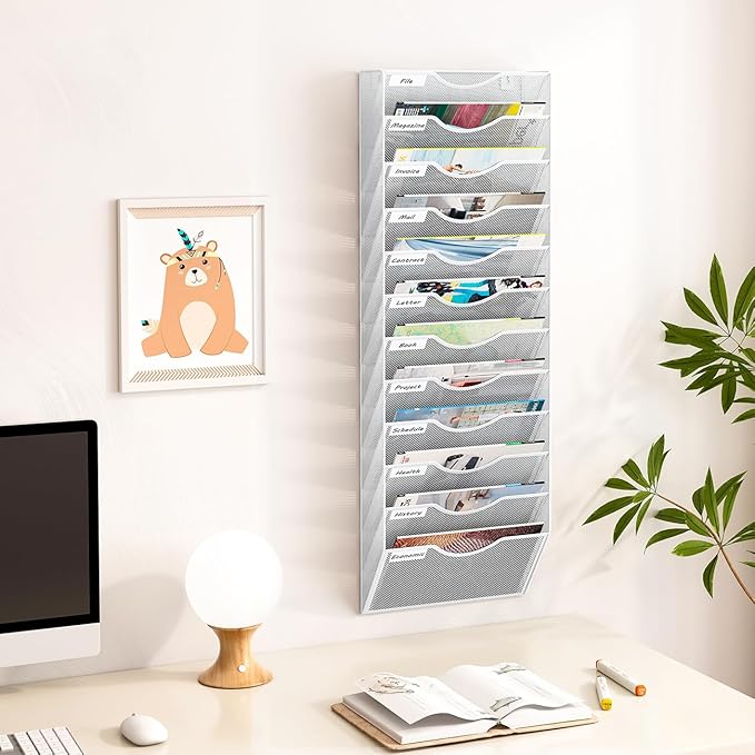 12 Pockets Hanging Wall File Organizer, Office Organization Wall Mount Mail Sorter Paper Holder Bill Organizer for Home, White