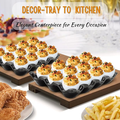 Flexzion 12 Cups Ceramic Egg Holder for Fridge - Dozen Ceramic Egg Tray Porcelain Container Storage Organizer Decorative Serving Stand Serveware for Refrigerator Countertop Display (Black, 2 Pack)